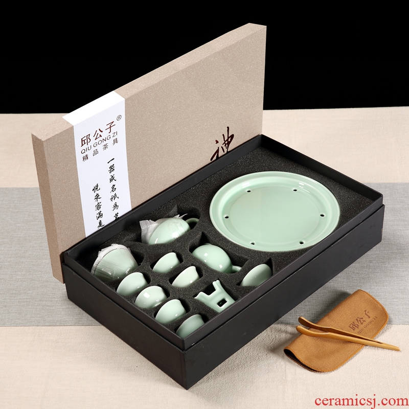 Celadon chaozhou kunfu tea tea cup lid bowl suit ceramic circular water small tea tray was gift boxes