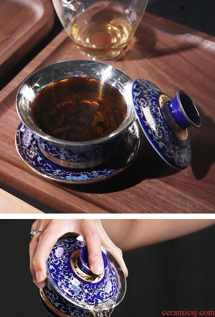 The Product porcelain remit gathers up spend three to tureen jingdezhen porcelain silvering ji blue glaze porcelain tea bowl to bowl ceramic fine silver bag