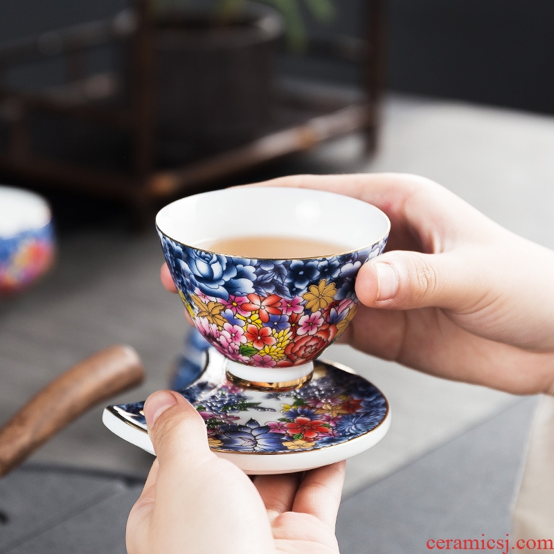 Qin Yi colored enamel porcelain of a complete set of kung fu tea sets household contracted tea cup lid to use a gift box