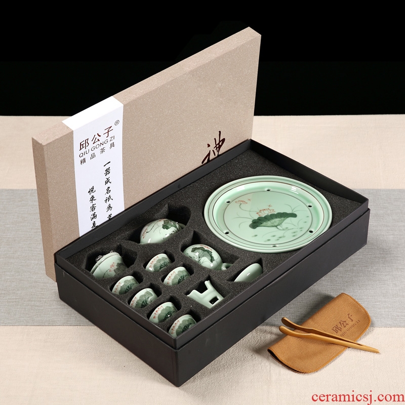 Celadon chaozhou kunfu tea tea cup lid bowl suit ceramic circular water small tea tray was gift boxes