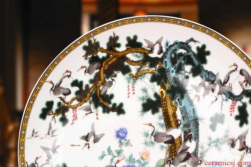 Jingdezhen ceramics powder enamel pine crane live sit faceplate hang dish plate was Chinese style household decorative furnishing articles