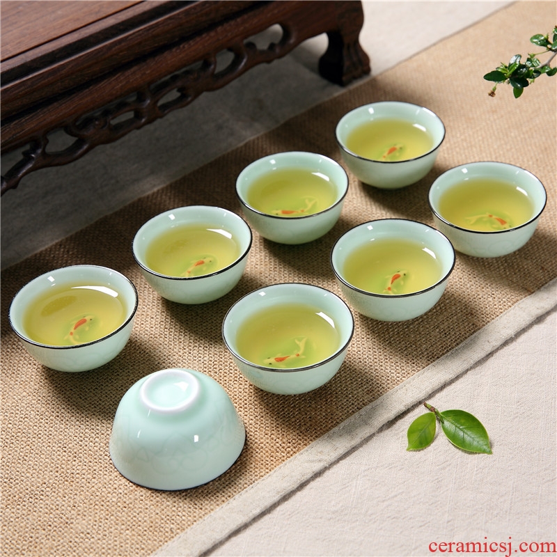 Household longquan celadon carp fish, goldfish ceramic kunfu tea tea set tureen cup small tea cups