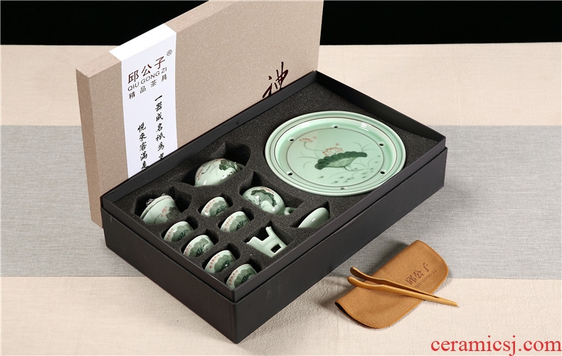 Celadon chaozhou kunfu tea tea cup lid bowl suit ceramic circular water small tea tray was gift boxes