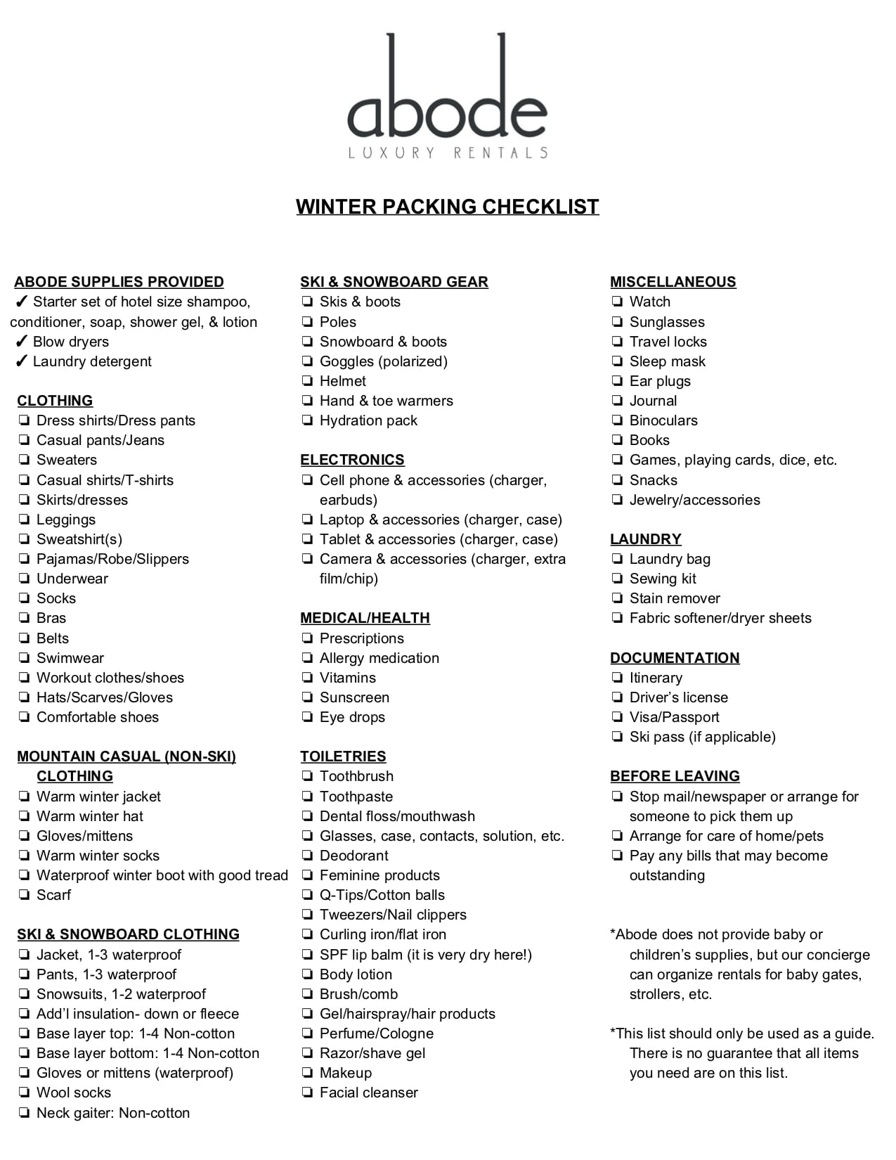 Packing Checklist Park City Lodging Abode Park City