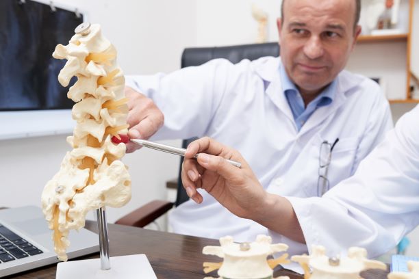 Doctor pointing at herniated discs on spine, and showing how bulged discs look like and why they cause pain.