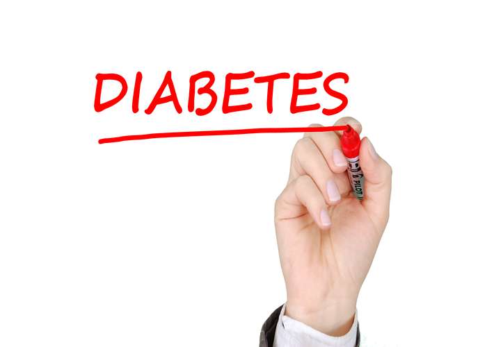 Diabetes word written in red. Concept diabetes type 1 and type 2 - insulin resistance.