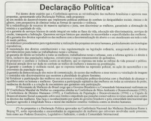 Declaração da Conferência Nacional das Mulheres Brasileiras Rumo a Beijing'95 (reprodução do jornal Fêmea-Junho/1995).