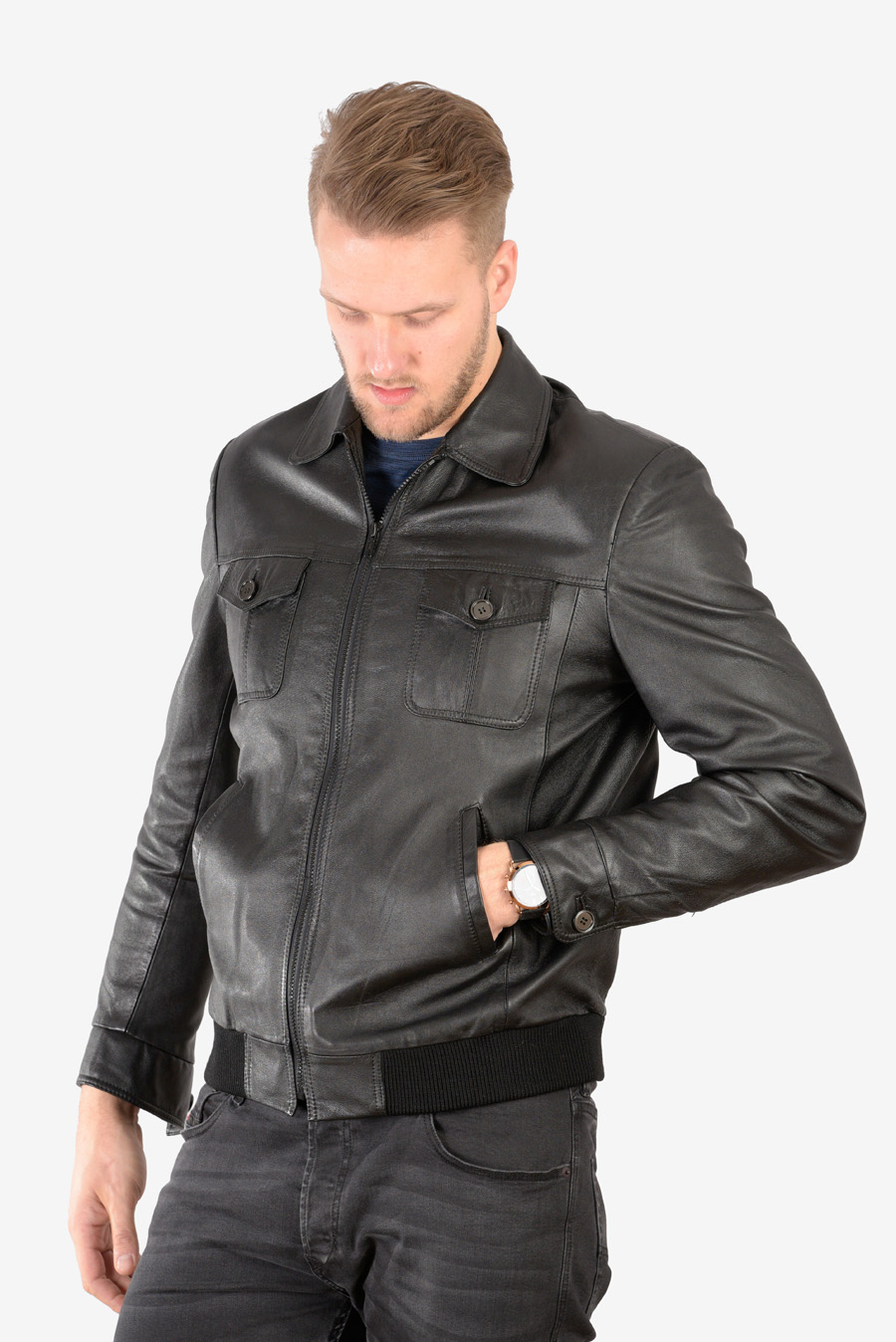 Men s Vintage  Black Leather Bomber  Jacket  Size L Brick 