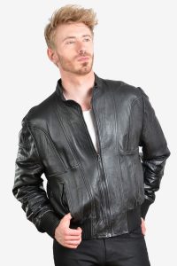 Men's vintage black leather bomber jacket