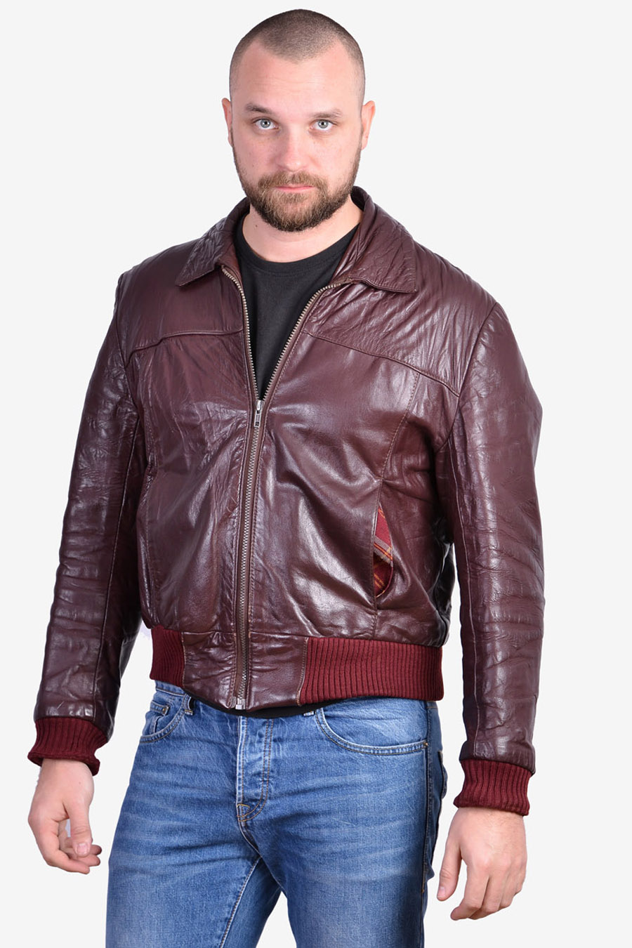 Vintage Burgundy Leather Bomber Jacket | Size L - Brick Vintage