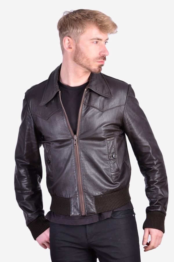 Men's vintage brown leather bomber jacket
