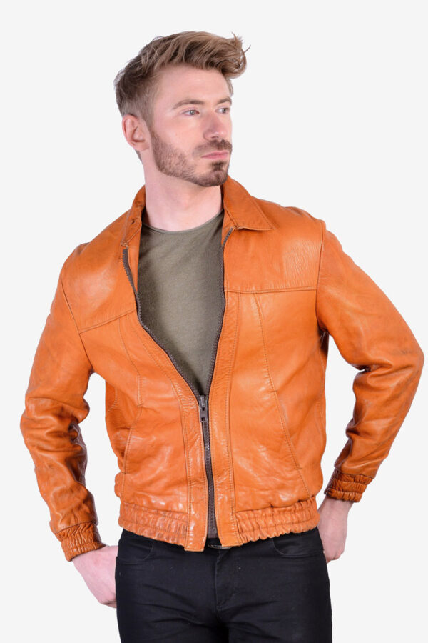 Vintage tan brown leather bomber jacket