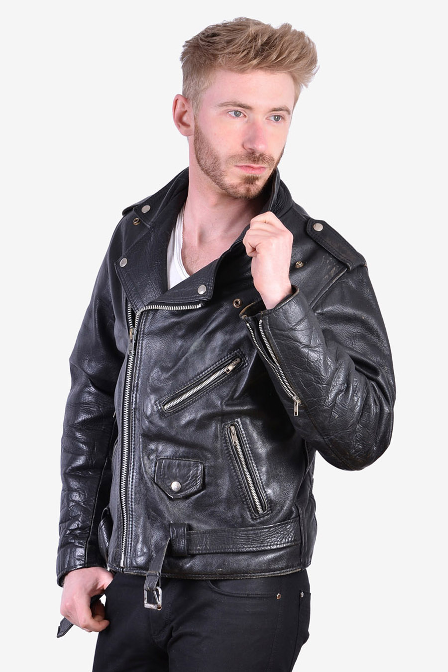 Vintage Men's Leather Biker Jacket | Size L - Brick Vintage