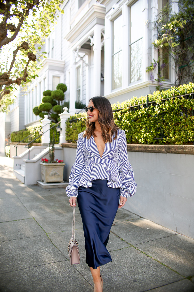 Green sweater and slip skirt outfit