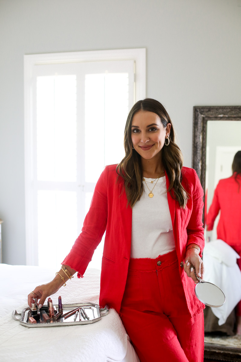 red linen suit