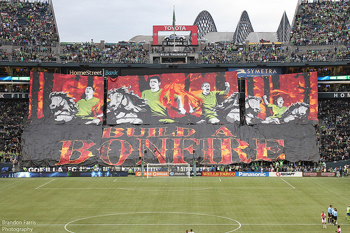 Emerald City Supporter's "Build a Bonfire" tifo at the Sounders FC v. Timbers FC.