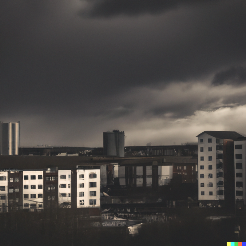 dark, moody modern urban landscape scene in muted tones with dark stormclouds overhead image generated by DALL-E