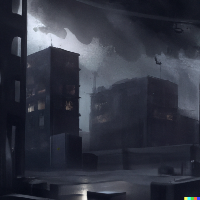 dark, moody modern urban landscape scene in muted tones with dark stormclouds overhead dramatic trending on artstation, image generated by DALL-E