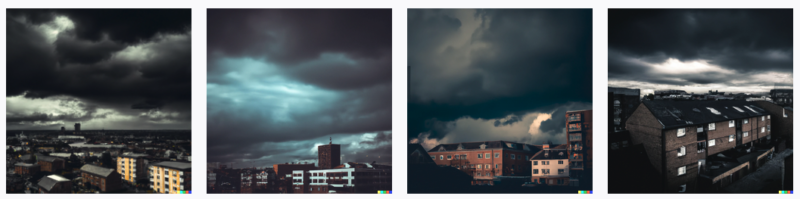 dark, moody modern urban landscape scene in muted tones with dark stormclouds overhead dramatic screenshot of four images generated by DALL-E