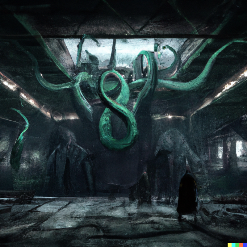 Photorealistic widescreen digital art tentacle-headed otherworldly eldritch horror with cultists in the background inside a warehouse dramatic trending on artstation image generated by DALL-E