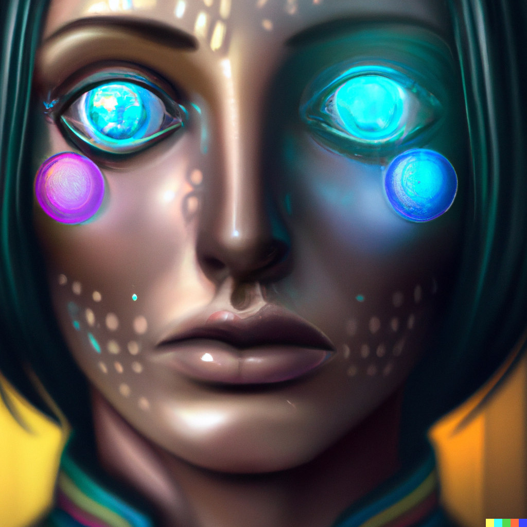 “feminine android with glowing circles of different colors for eyes dramatic photorealistic portrait trending on artstation” image by DALL-E