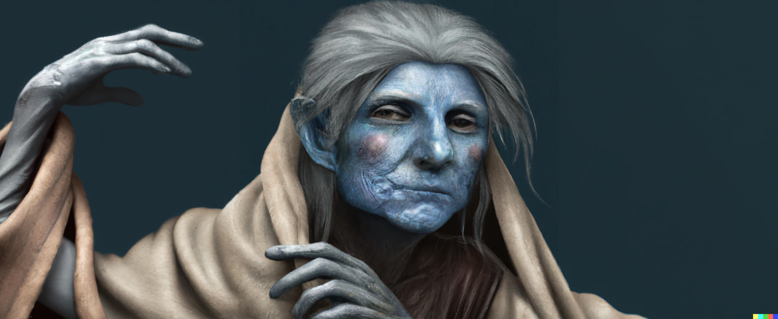 photorealistic portrait of Belsnickel the blue skinned emaciated female bheur hag dramatic digital art trending on artstation behance