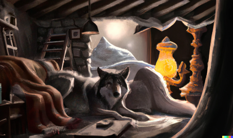 a winter wolf guarding a warm and cozy bedroom in a cave dark photorealistic dramatic trending on artstation, image by dall-e