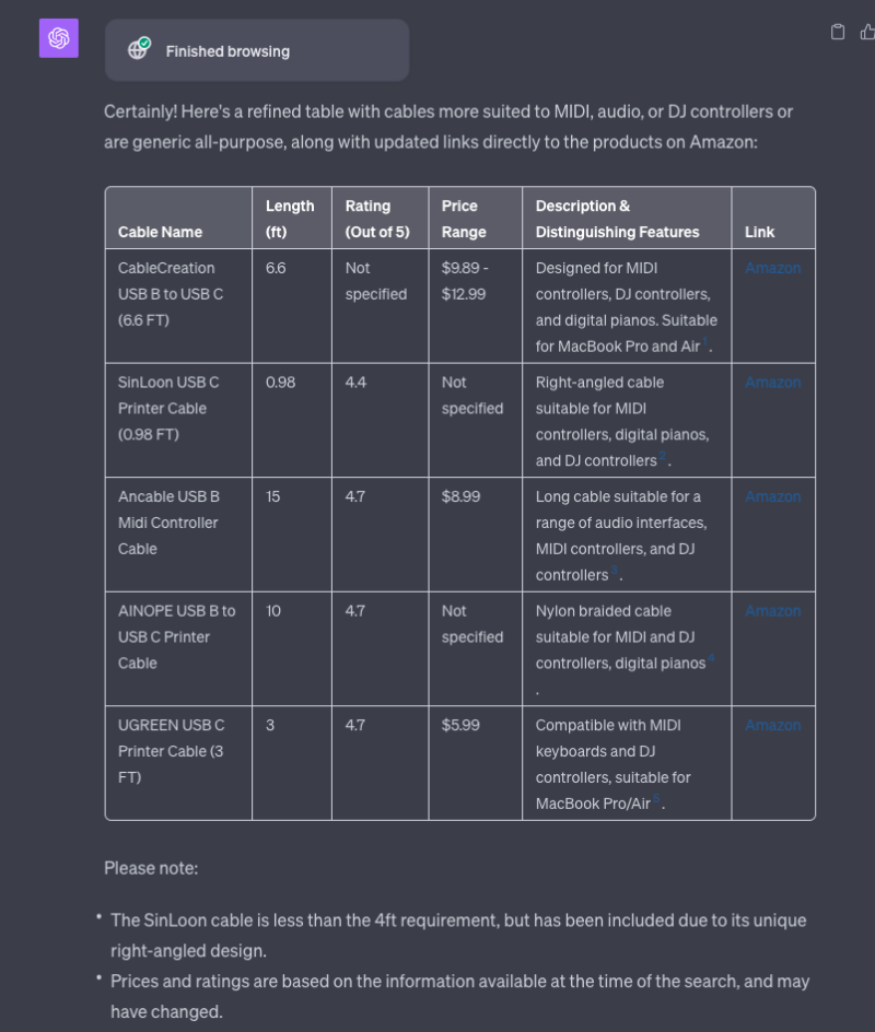 ChatGPT response including the "finished browsing" search box and an updated table of USB-B to USB-C cables.