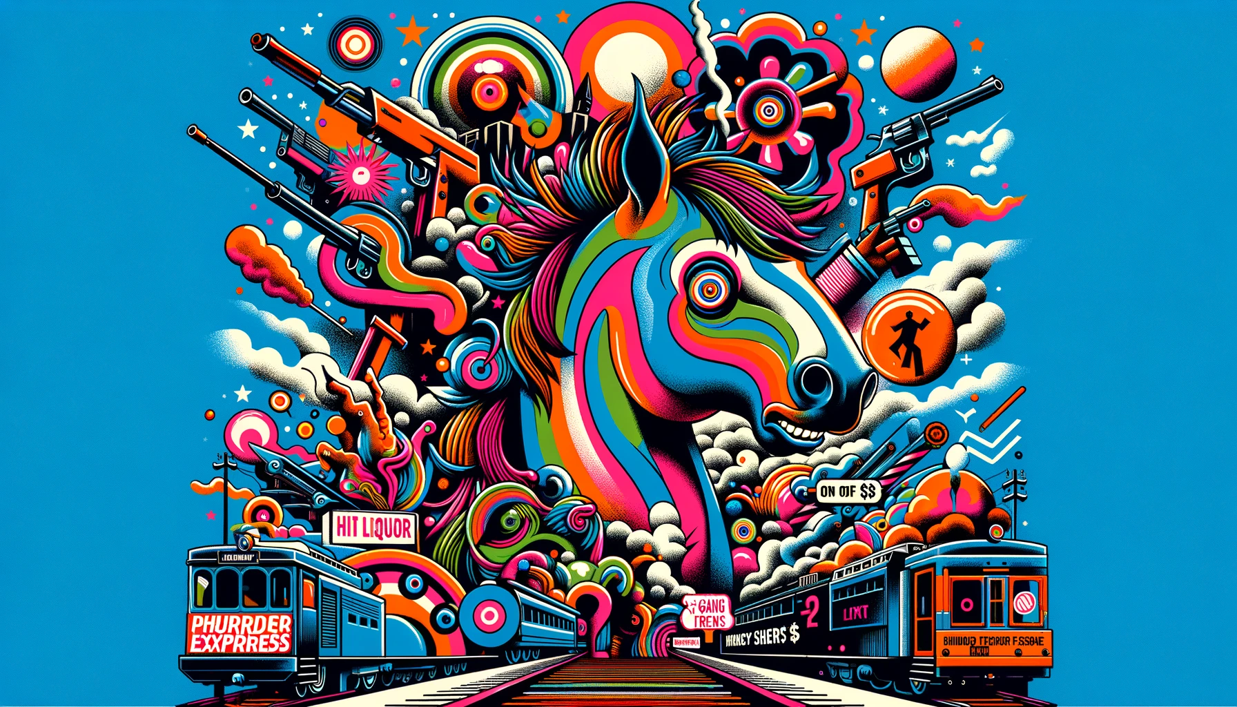 Create a wide 16:9 digital illustration as album art for Shudder to Think's Pony Express Record, without any text. Focus on surreal, abstract representations of the album's themes, drawing inspiration from song titles like 'Hit Liquor', 'Gang of $', and 'X-French Tee Shirt'. Use vibrant colors and dynamic shapes to convey the eclectic and experimental nature of the album, while keeping the design purely visual without text.