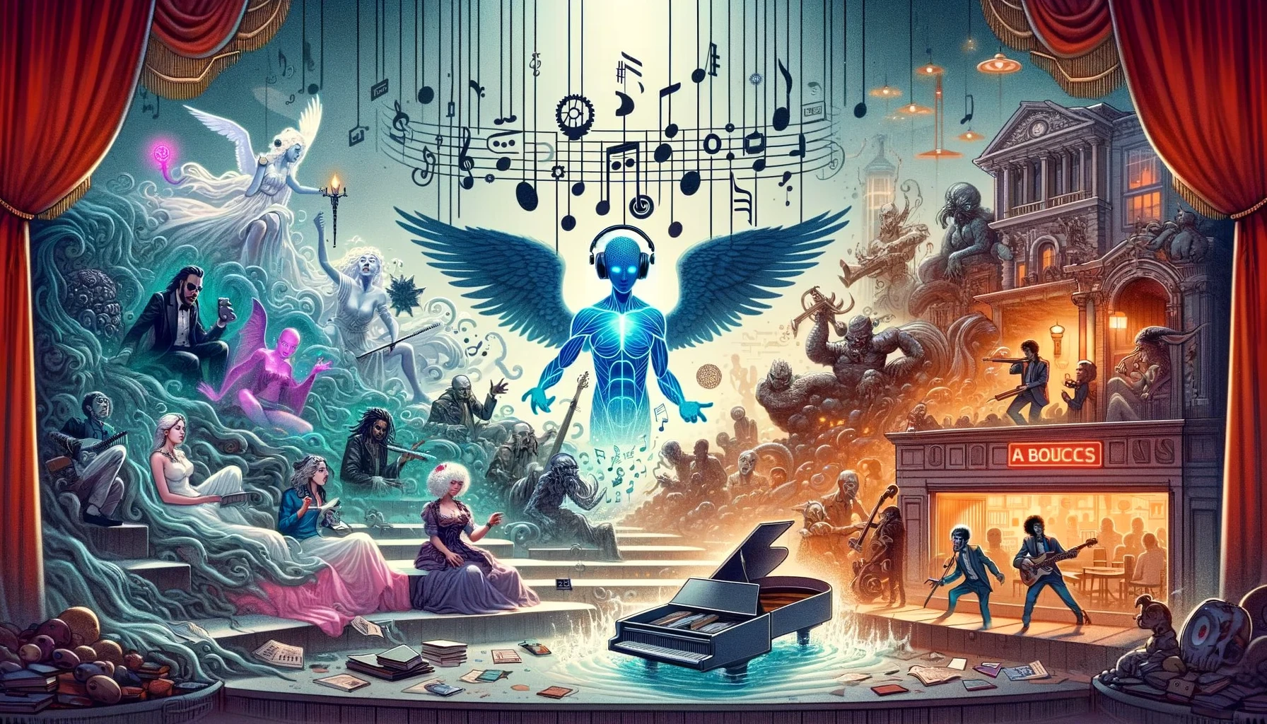 An imaginative depiction of various creative uses of AI for music generation, set against a backdrop of diverse role-playing scenarios. The scene includes a representation of AI in the center, surrounded by visual metaphors for different playlists it generated for various settings: a Planescape campaign in one corner, a Call of Cthulhu one-shot in another, and a trendy bar in San Francisco. Each area is visually distinct, capturing the unique atmosphere of each setting. Planescape features angels and devils in a surreal cityscape, Call of Cthulhu shows eerie, Lovecraftian elements, and the bar scene is modern and lively. Musical notes and symbols are scattered throughout the image, symbolizing the AI's role in creating diverse playlists for these different narratives.