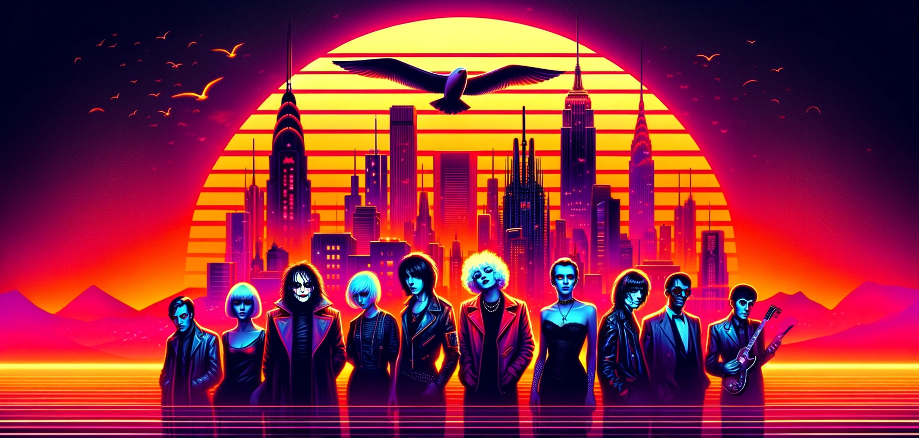 A retro-futurism/synthwave skyline backdrop with warm neon colors. In the foreground, evoke the vibe of various music artists and genres discussed in the blog post: Paula Abdul, Bing Crosby, The Who, Flock of Seagulls, Nirvana, Metallica, The Clash, Marilyn Manson, and Skinny Puppy. The overall aesthetic should have gothic undertones, featuring elements like dark clothing, mysterious shadows, and a slightly eerie atmosphere to capture the eclectic and diverse music tastes described. Image generated by DALL-E
