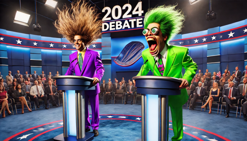 A photorealistic digital photograph of a satirical and humorous depiction of a fictional 2024 presidential debate stage. Two male candidates stand at their podiums. The first candidate is wearing a bright purple suit, with wild hair flying in all directions and comically wide, bulging eyes. The second candidate is dressed in a vivid green suit, mid-shout, with his mouth wide open and eyes cartoonishly popping out. The stage has bright lights and a banner that reads '2024 Debate.' The audience in the background is a mix of laughter and shock, reacting to the exaggerated and ridiculous behavior of the candidates.