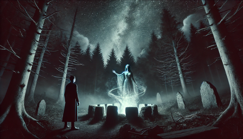 A cinematic, atmospheric 16:9 scene depicting a dark forest illuminated by a faint, eerie glow emanating from an ancient stone circle. A woman with an ethereal, shimmering appearance stands in the center of the circle, her form flickering between human and otherworldly. Her eyes glow faintly, and her outstretched hand beckons toward a man standing on the edge of the scene, hesitating, with a look of awe and fear. The night sky above is starless, filled with swirling cosmic clouds and faint, unearthly shapes emerging from a dark rift in the air. The overall tone is mysterious and ominous, blending gothic and Lovecraftian aesthetics.