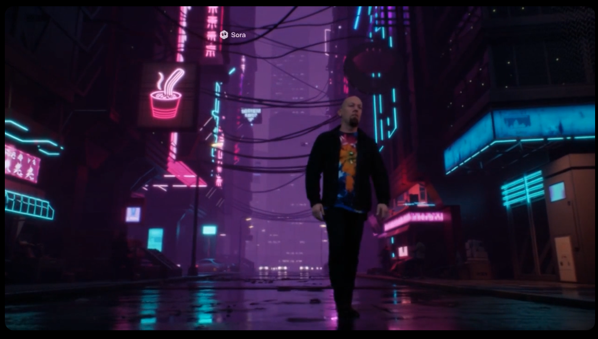 screenshot from a sora ai-generated video featuring a version of me walking through a cyberpunk lcity