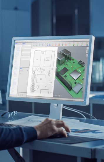 Engineer Works on Computer Uses CAD Software to Design 3D Industrial Machinery Component. In the Background Robot Arm Concept Standing in Heavy Industry Engineering Facility. Over the Shoulder Shot
