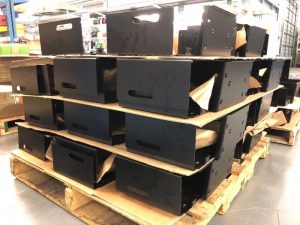 Powder-coated sheet metal drawer components formed for panel bending and automated sheet metal bending applications