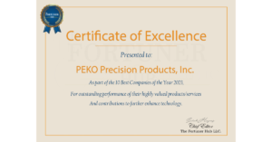 PEKO's Certificate of Excellence from The Fortuner Hub for being selected as one of the 10 best companies of the year in 2023