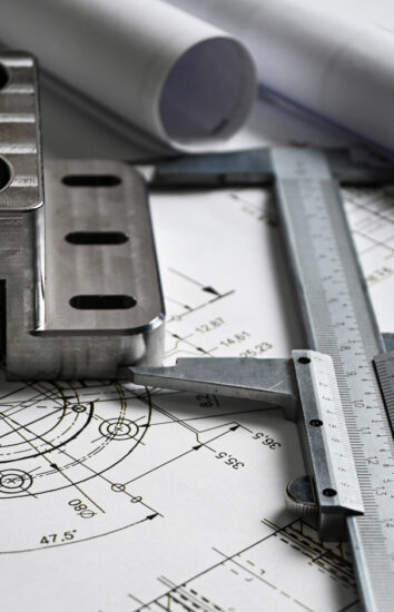 Machined metal component on engineering drawings with calipers, showing the reverse engineering process for mechanical parts and CAD documentation.