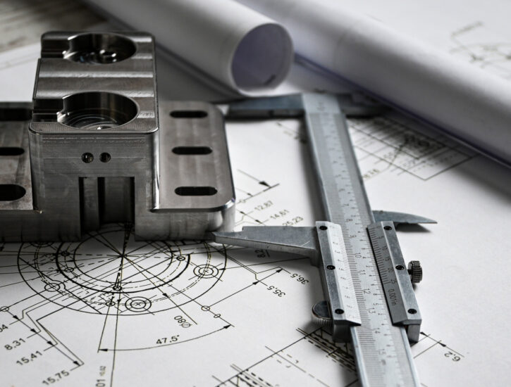 Machined metal component on engineering drawings with calipers, showing the reverse engineering process for mechanical parts and CAD documentation.