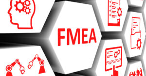 FMEA graphic with engineering, process, and quality icons representing failure mode and effects analysis for OEM manufacturing risk assessment.