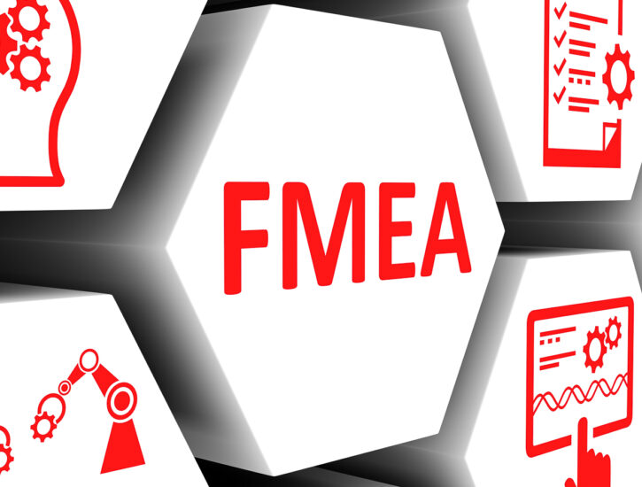 FMEA graphic with engineering, process, and quality icons representing failure mode and effects analysis for OEM manufacturing risk assessment.