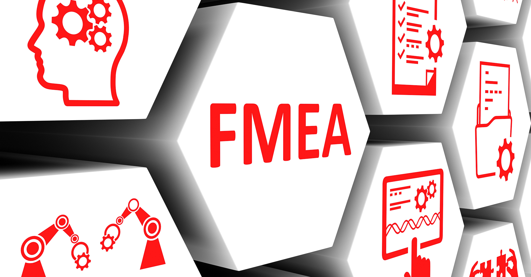 FMEA graphic with engineering, process, and quality icons representing failure mode and effects analysis for OEM manufacturing risk assessment.