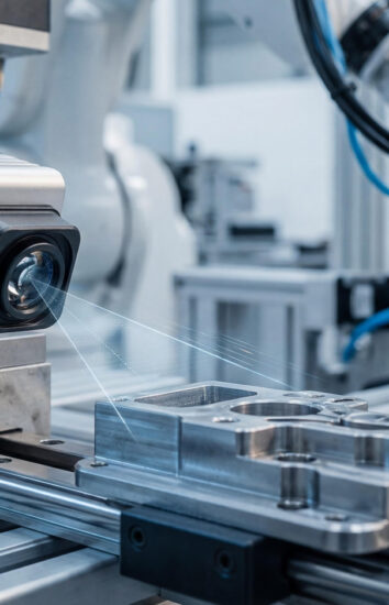 Industrial machine vision system inspecting a machined metal part on an automated production line.