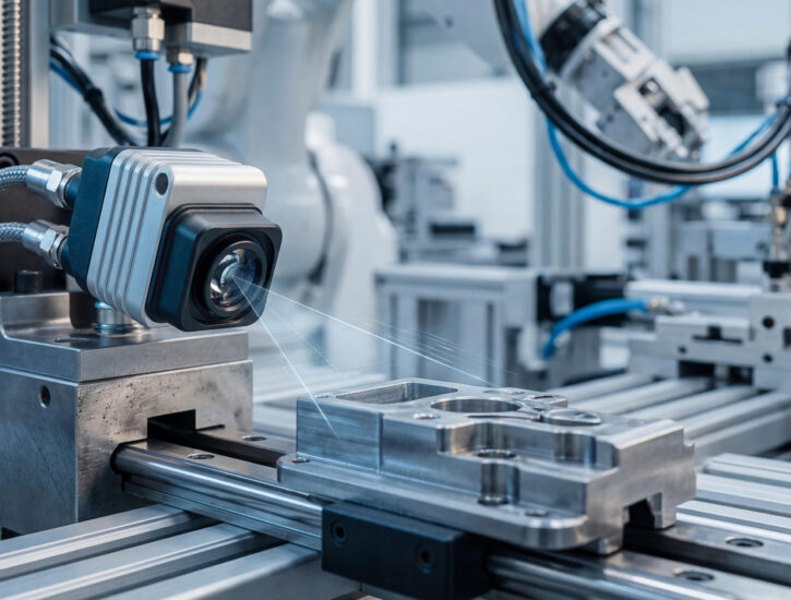 Industrial machine vision system inspecting a machined metal part on an automated production line.