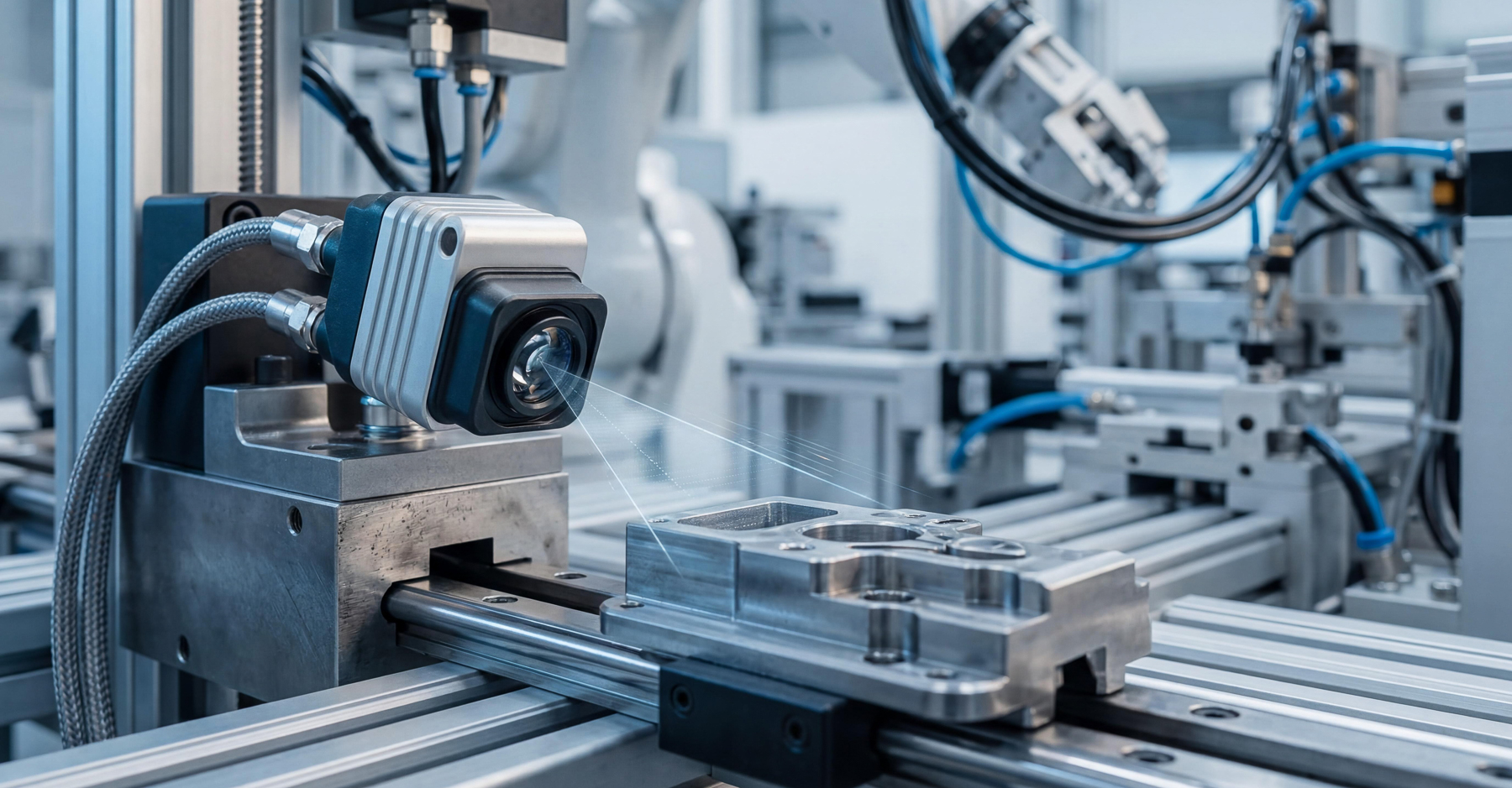 Industrial machine vision system inspecting a machined metal part on an automated production line.