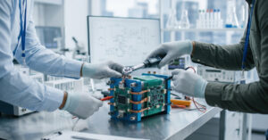 Engineers testing complex electronic prototype hardware with measurement tools in a laboratory