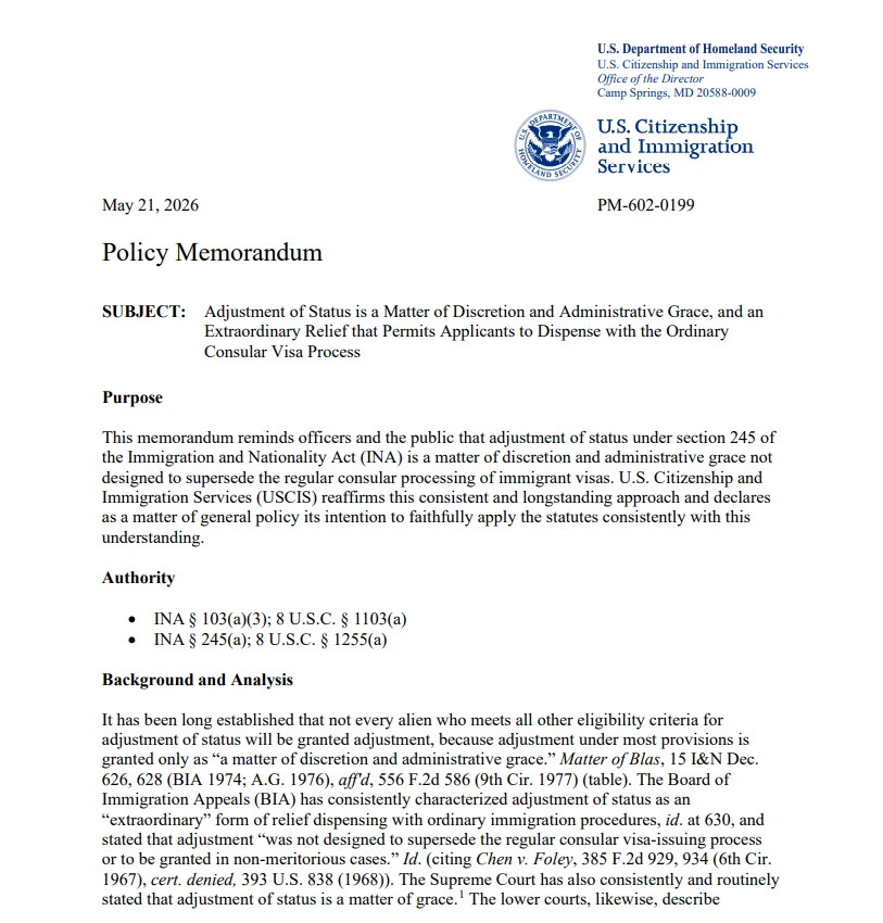 USCIS 政策备忘录 PM-602-0199 首页(2026年5月21日,图片及资料来源:USCIS)