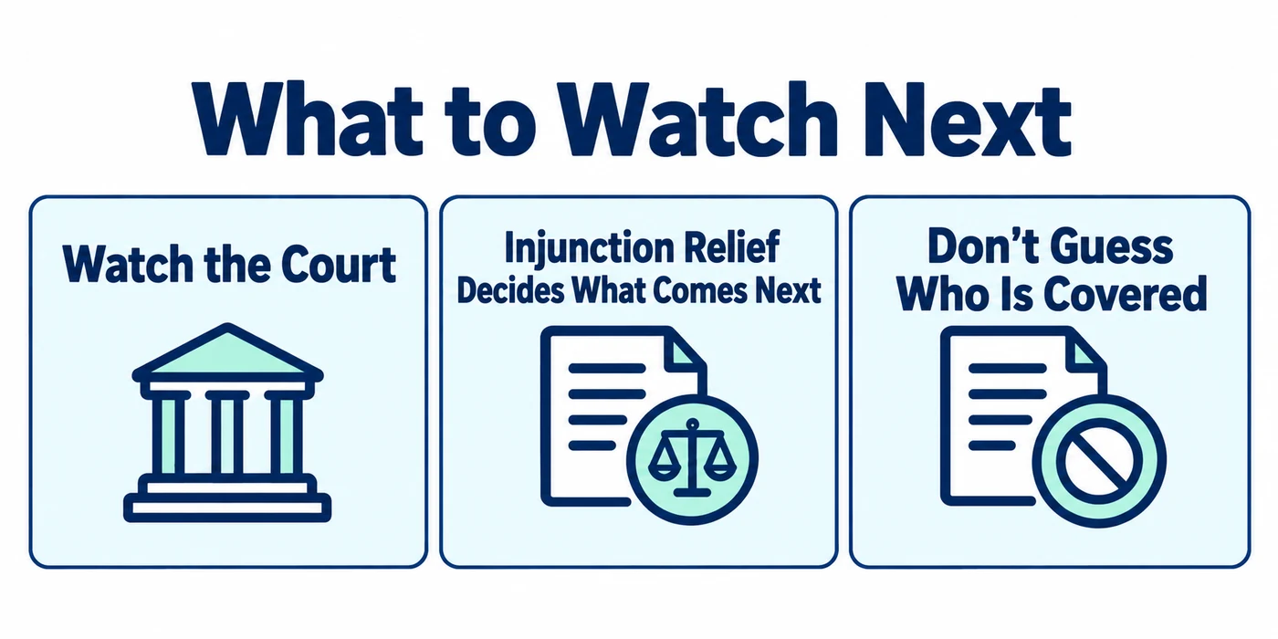 What to watch next: watch the court, injunction relief decides what comes next, and don't guess who is covered.