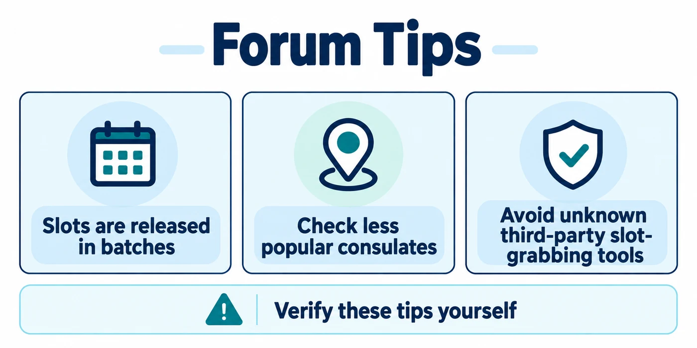 Forum tips, verify them yourself: appointment slots are released in batches, less popular consulates are worth checking, and avoid unknown third-party slot-grabbing tools.