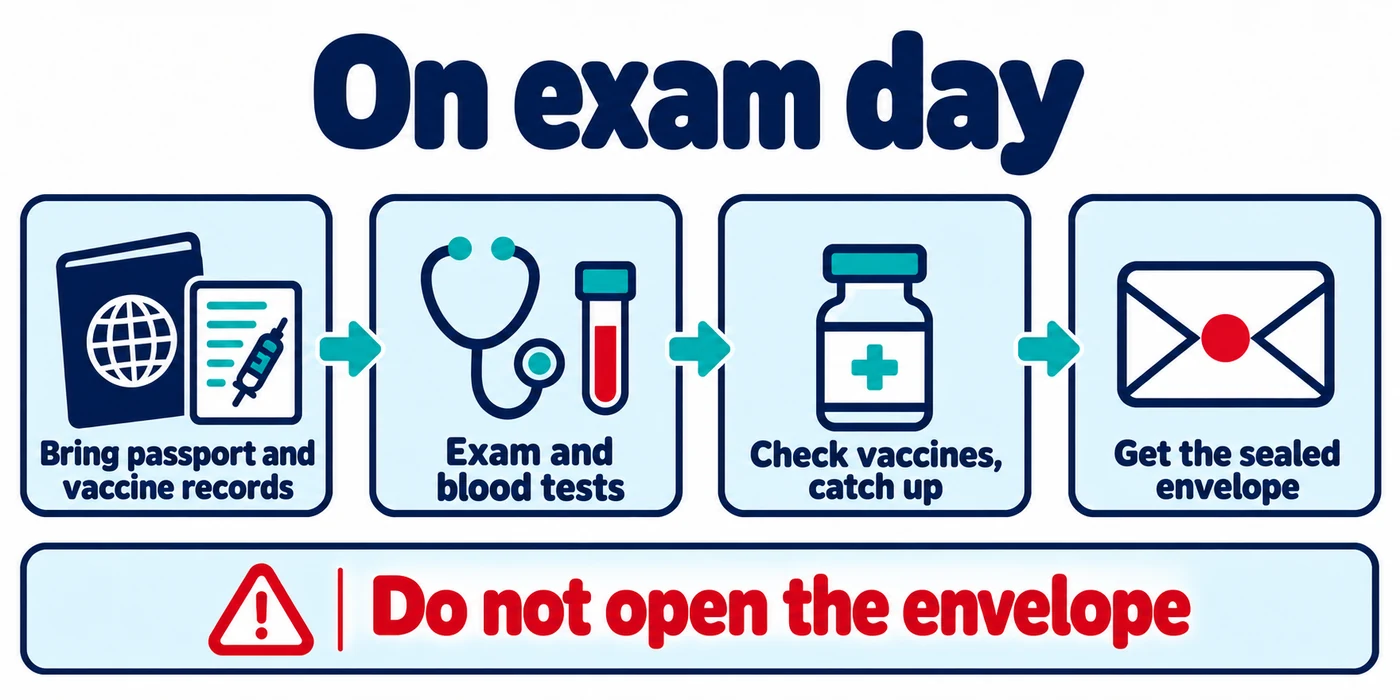 On exam day: bring your passport and vaccine records; the doctor does a physical and blood tests, checks your vaccines, and hands you a sealed envelope